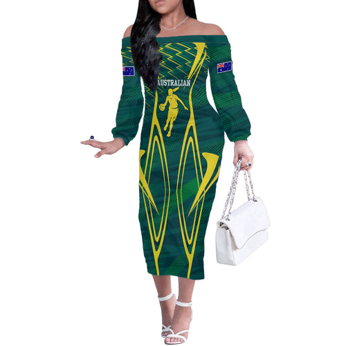 Australian Opals Basketball Off The Shoulder Long Sleeve Dress Iconic Green And Gold Silhouette With Sharp Abstract Graphics