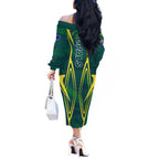 Australian Opals Basketball Off The Shoulder Long Sleeve Dress Iconic Green And Gold Silhouette With Sharp Abstract Graphics