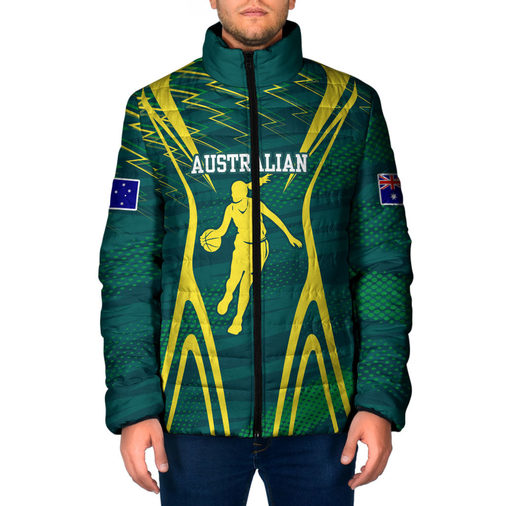 Australian Opals Basketball Padded Jacket Iconic Green And Gold Silhouette With Sharp Abstract Graphics