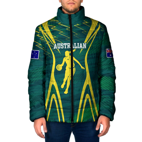 Australian Opals Basketball Padded Jacket Iconic Green And Gold Silhouette With Sharp Abstract Graphics