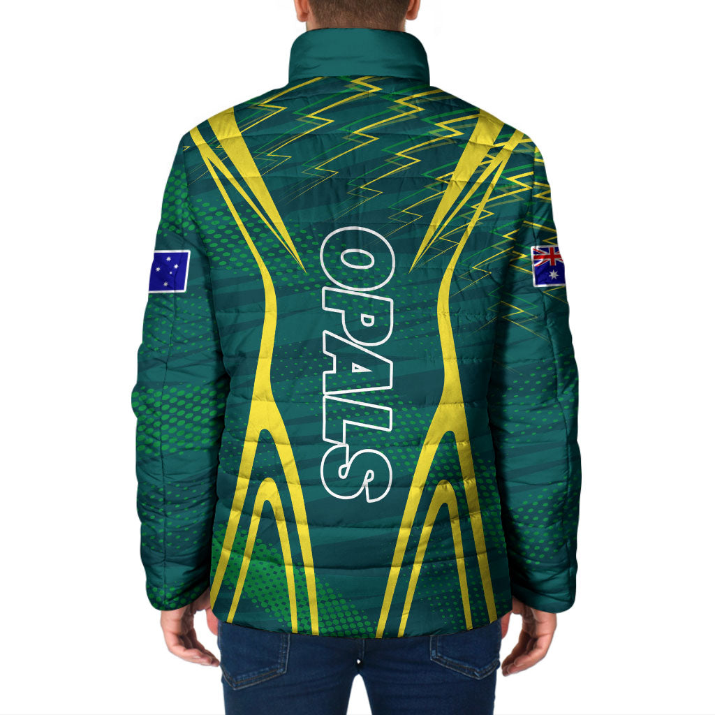 Australian Opals Basketball Padded Jacket Iconic Green And Gold Silhouette With Sharp Abstract Graphics
