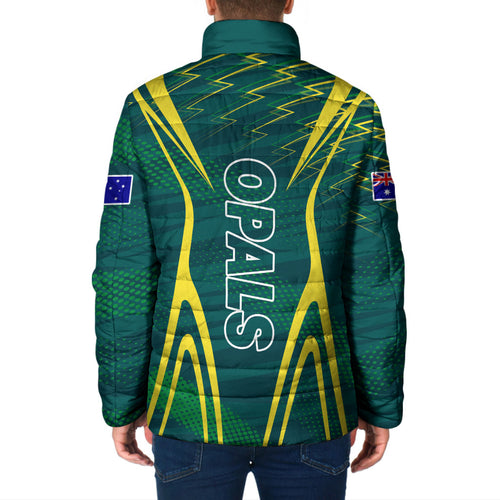 Australian Opals Basketball Padded Jacket Iconic Green And Gold Silhouette With Sharp Abstract Graphics
