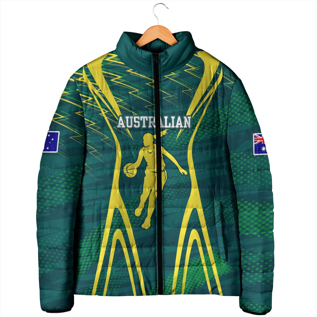 Australian Opals Basketball Padded Jacket Iconic Green And Gold Silhouette With Sharp Abstract Graphics
