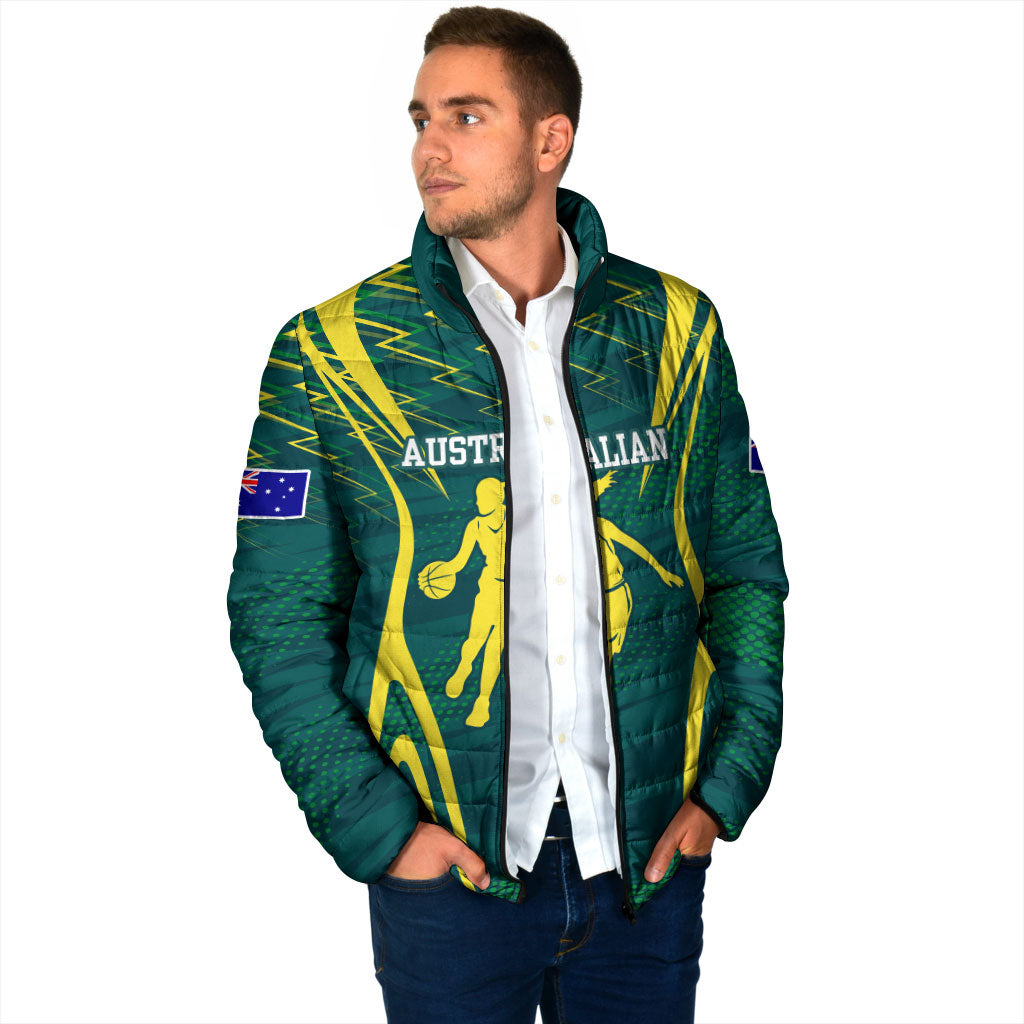 Australian Opals Basketball Padded Jacket Iconic Green And Gold Silhouette With Sharp Abstract Graphics