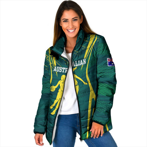 Australian Opals Basketball Padded Jacket Iconic Green And Gold Silhouette With Sharp Abstract Graphics