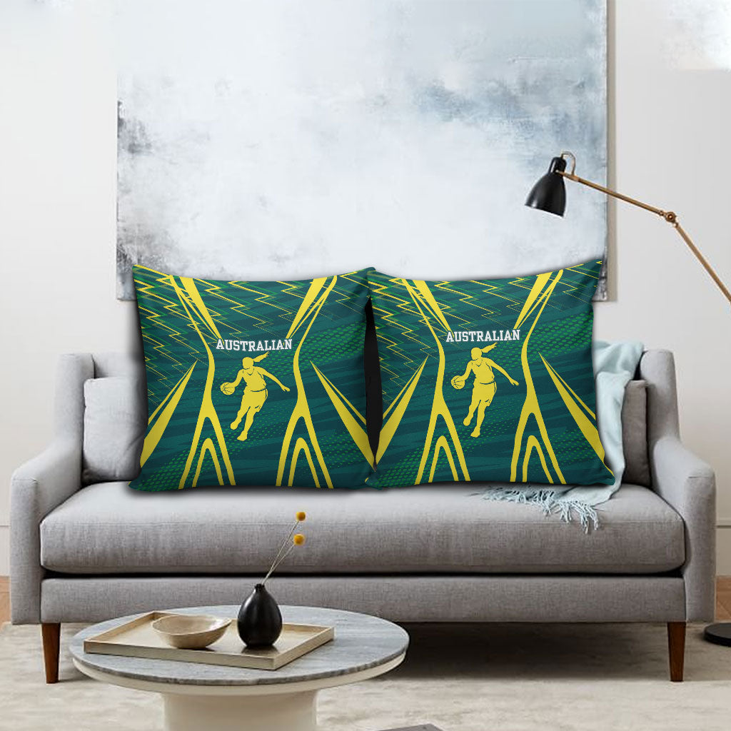 Australian Opals Basketball Pillow Cover Iconic Green And Gold Silhouette With Sharp Abstract Graphics