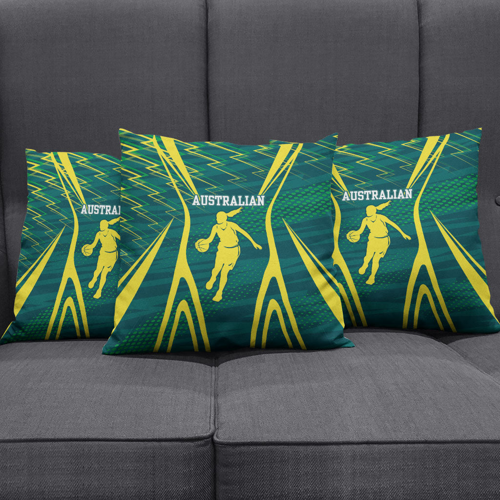 Australian Opals Basketball Pillow Cover Iconic Green And Gold Silhouette With Sharp Abstract Graphics