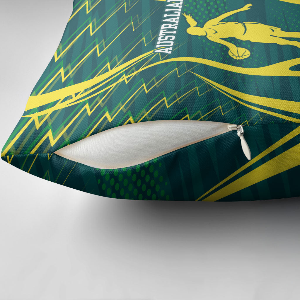 Australian Opals Basketball Pillow Cover Iconic Green And Gold Silhouette With Sharp Abstract Graphics