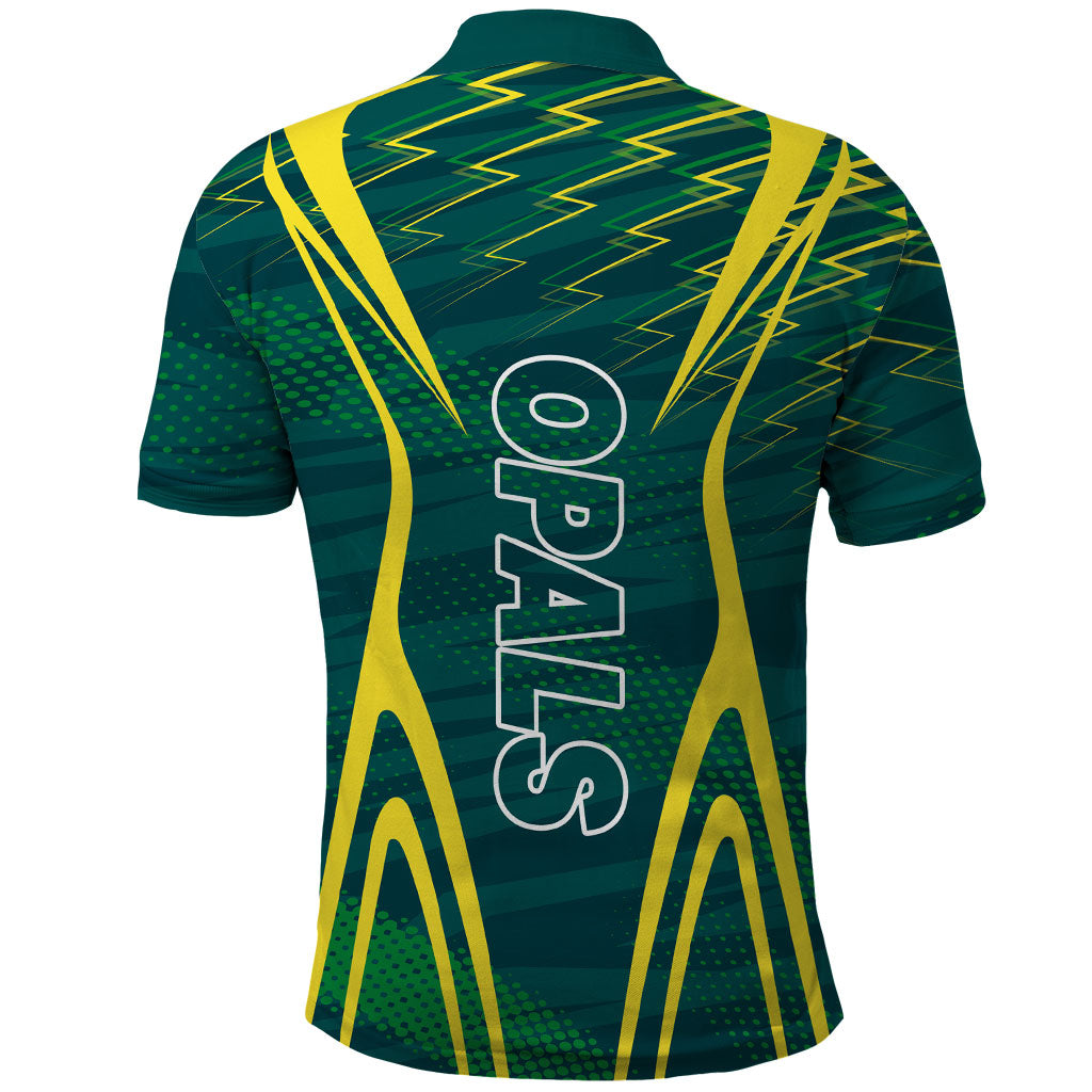 Australian Opals Basketball Polo Shirt Iconic Green And Gold Silhouette With Sharp Abstract Graphics