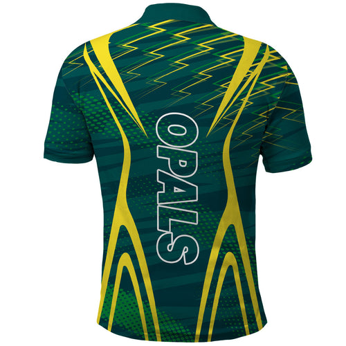 Australian Opals Basketball Polo Shirt Iconic Green And Gold Silhouette With Sharp Abstract Graphics