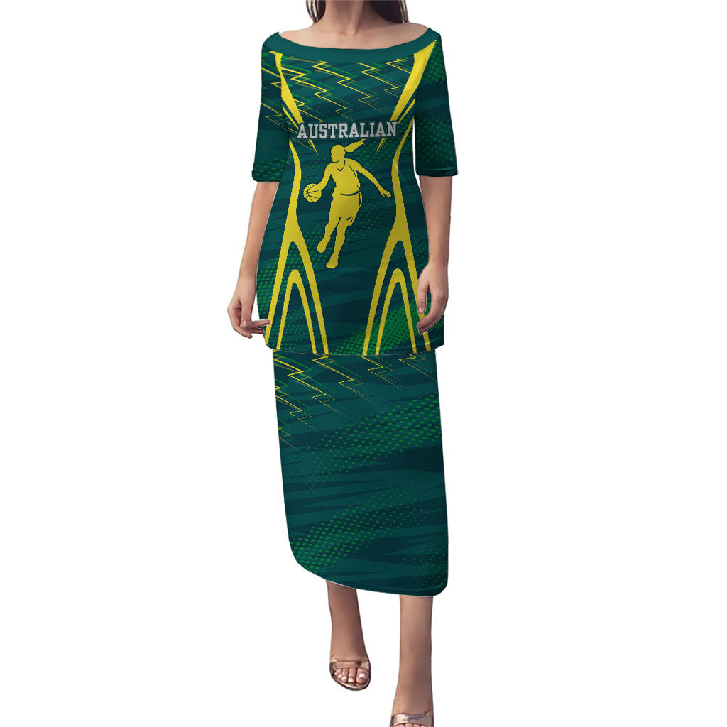 Australian Opals Basketball Puletasi Iconic Green And Gold Silhouette With Sharp Abstract Graphics