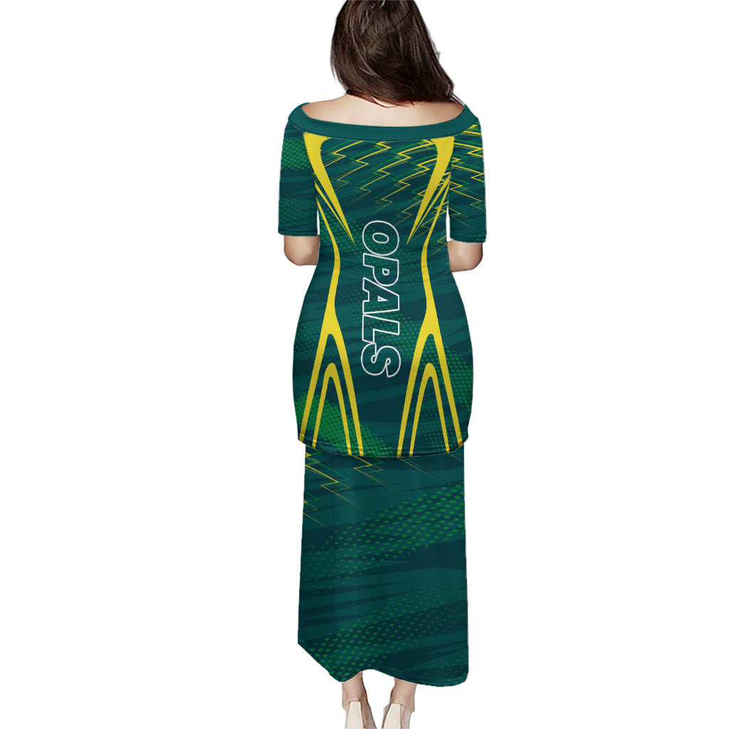 Australian Opals Basketball Puletasi Iconic Green And Gold Silhouette With Sharp Abstract Graphics