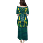 Australian Opals Basketball Puletasi Iconic Green And Gold Silhouette With Sharp Abstract Graphics