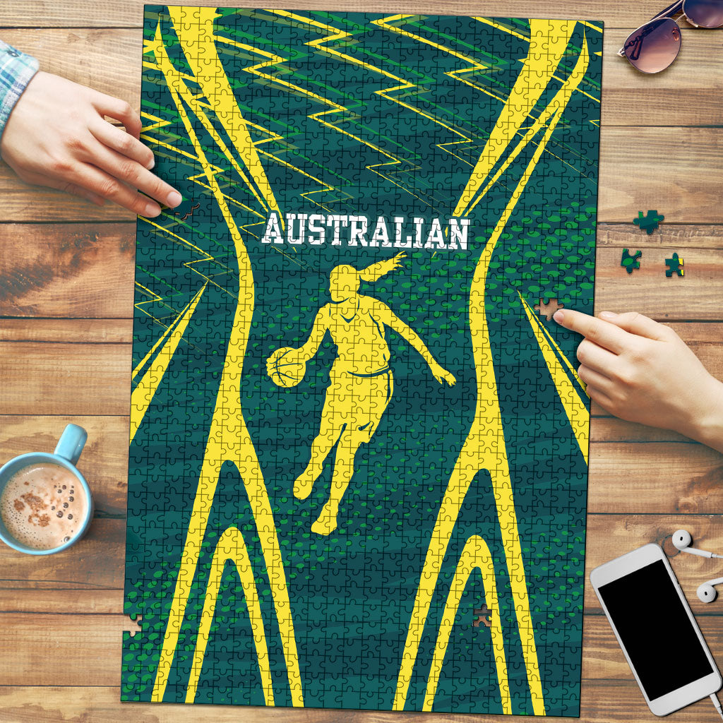 Australian Opals Basketball Puzzle Iconic Green And Gold Silhouette With Sharp Abstract Graphics