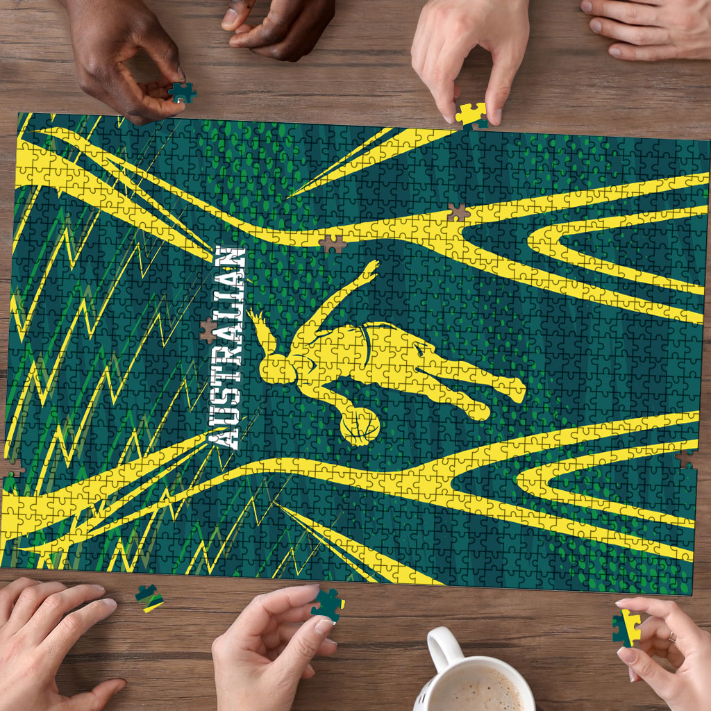 Australian Opals Basketball Puzzle Iconic Green And Gold Silhouette With Sharp Abstract Graphics