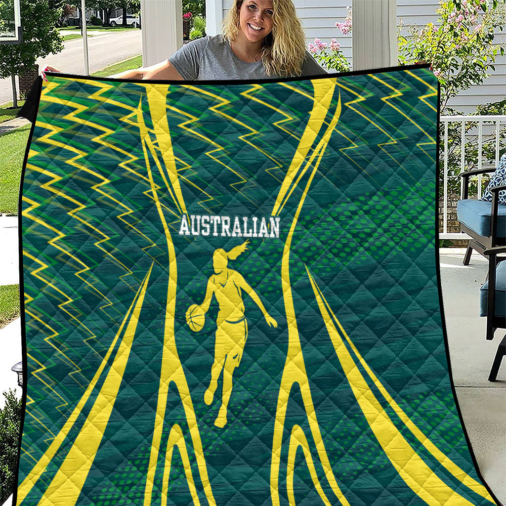 Australian Opals Basketball Quilt Iconic Green And Gold Silhouette With Sharp Abstract Graphics