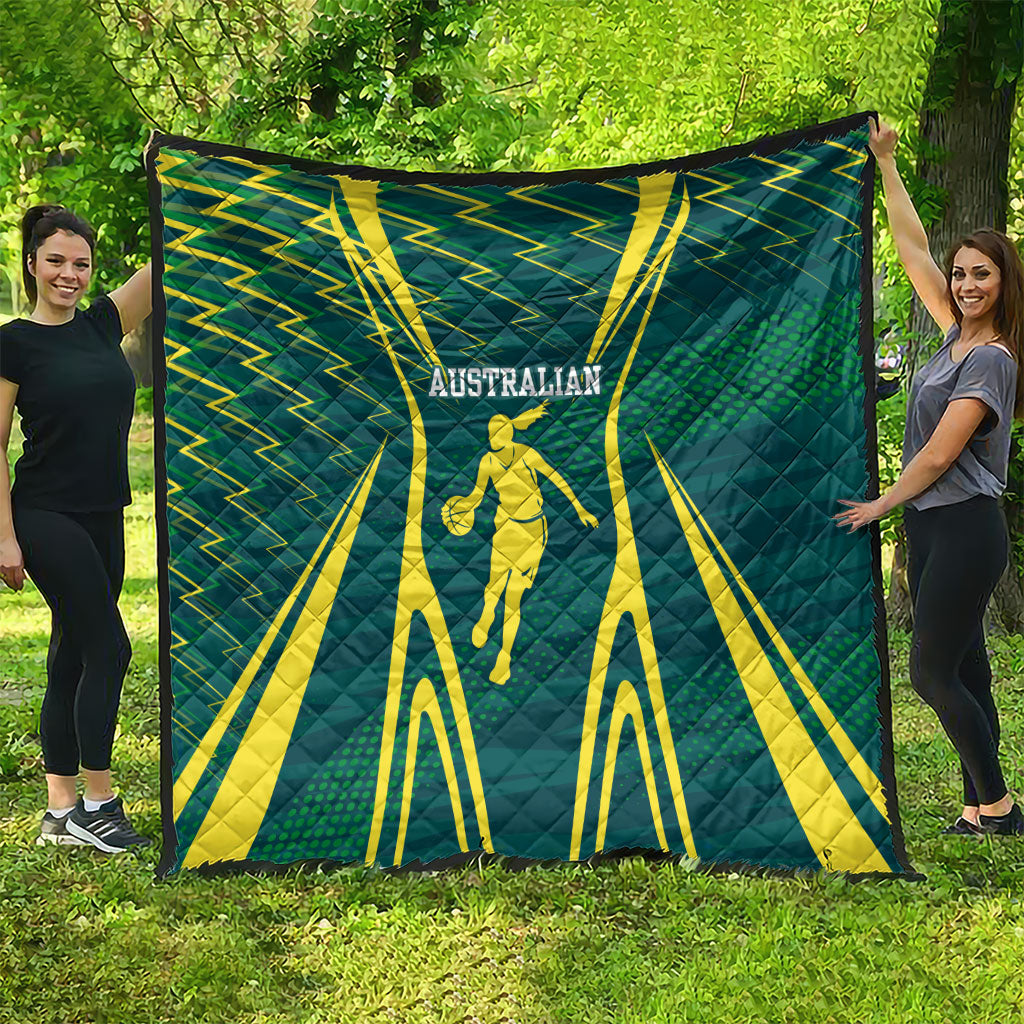 Australian Opals Basketball Quilt Iconic Green And Gold Silhouette With Sharp Abstract Graphics