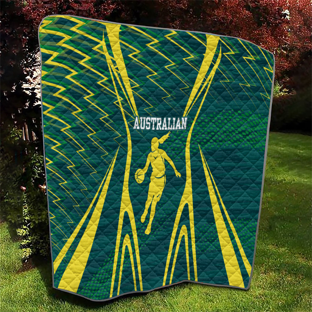 Australian Opals Basketball Quilt Iconic Green And Gold Silhouette With Sharp Abstract Graphics