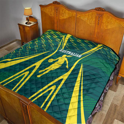 Australian Opals Basketball Quilt Iconic Green And Gold Silhouette With Sharp Abstract Graphics