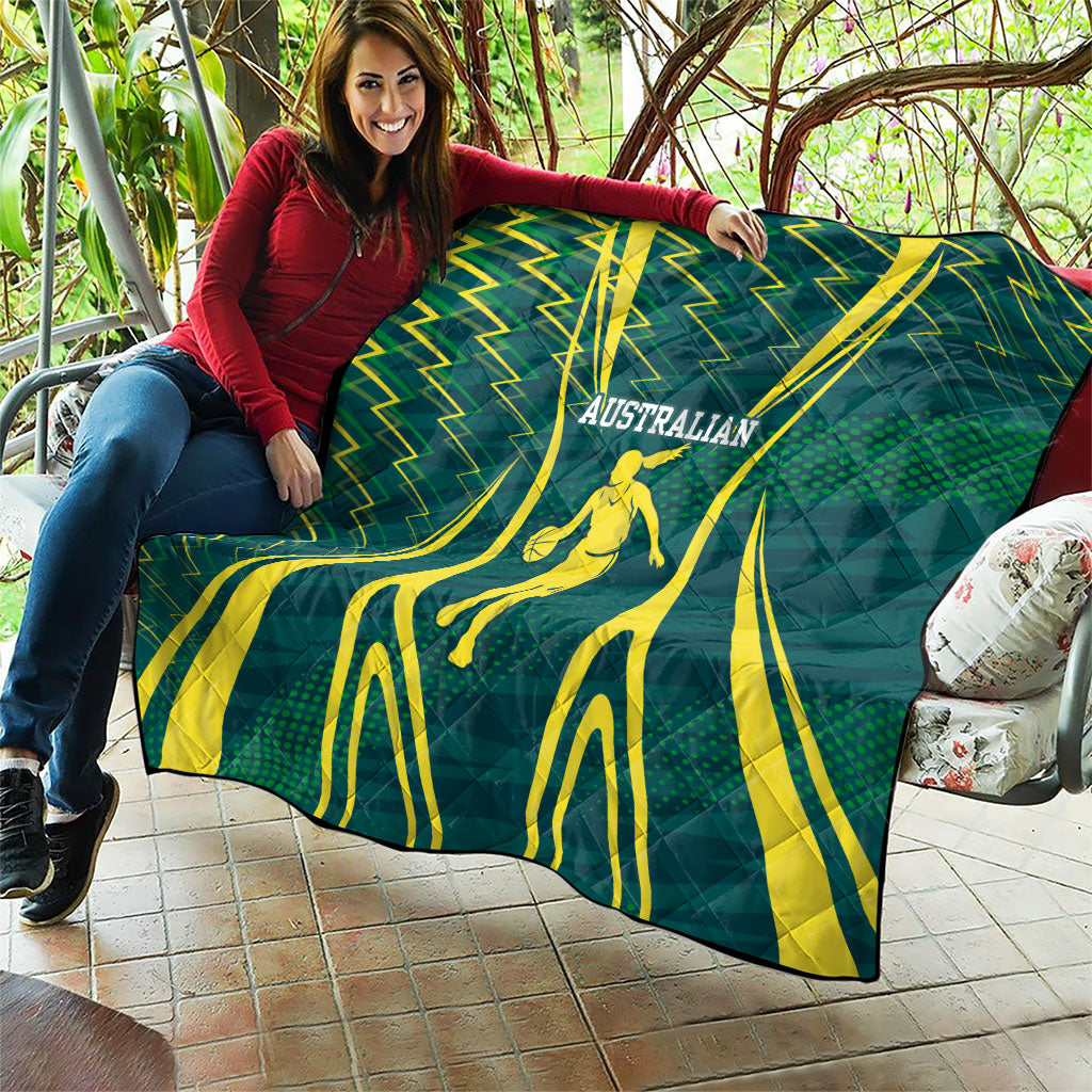 Australian Opals Basketball Quilt Iconic Green And Gold Silhouette With Sharp Abstract Graphics