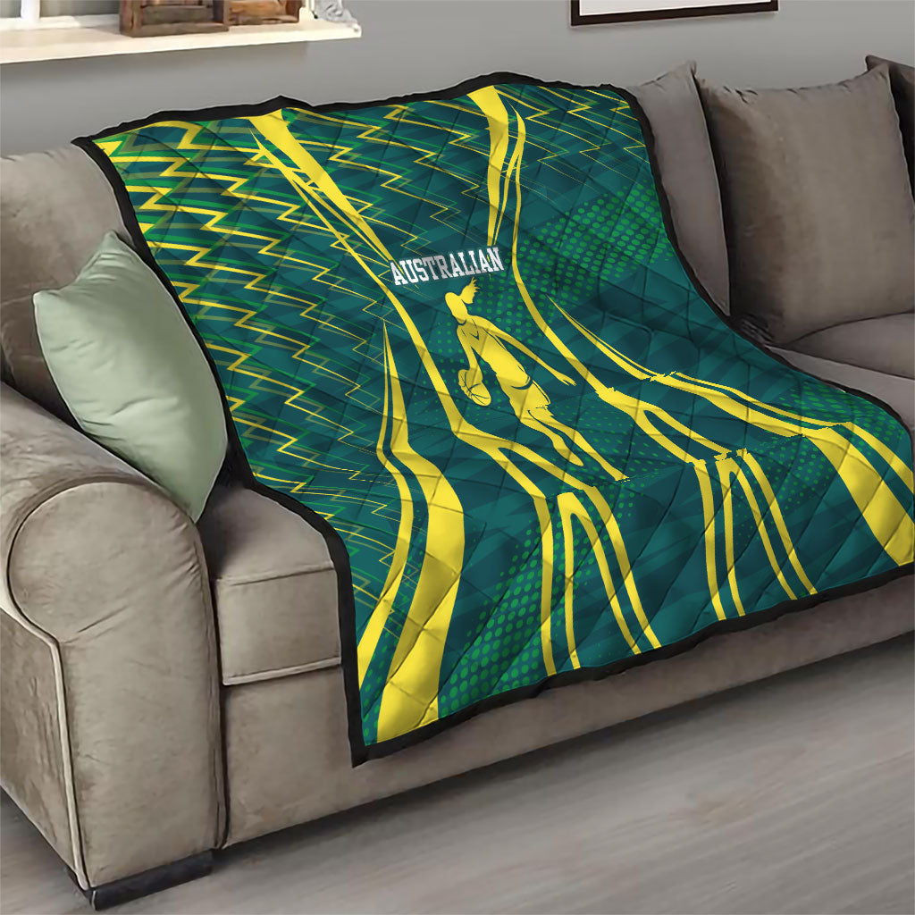 Australian Opals Basketball Quilt Iconic Green And Gold Silhouette With Sharp Abstract Graphics
