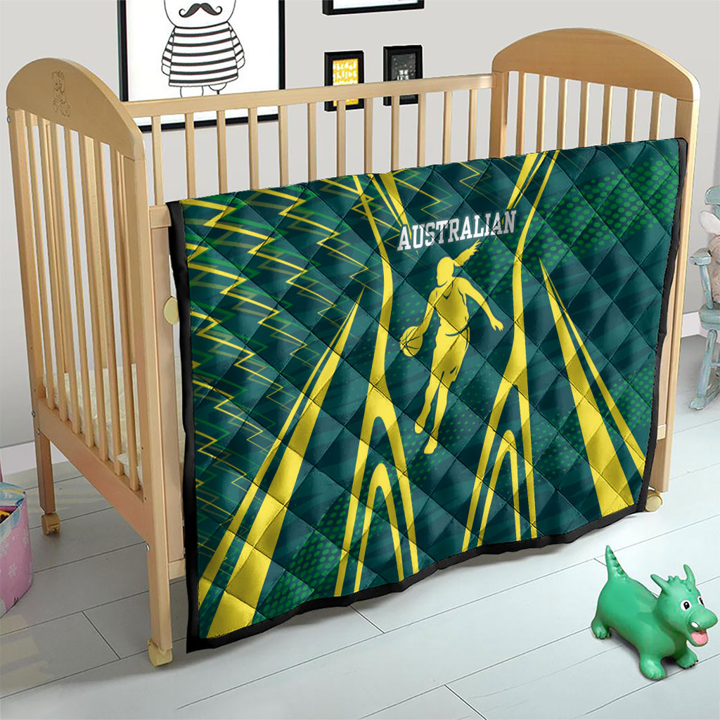 Australian Opals Basketball Quilt Iconic Green And Gold Silhouette With Sharp Abstract Graphics