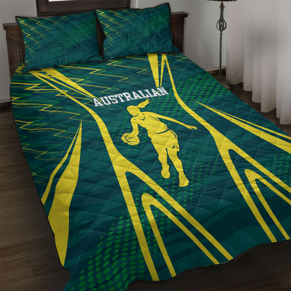 Australian Opals Basketball Quilt Bed Set Iconic Green And Gold Silhouette With Sharp Abstract Graphics