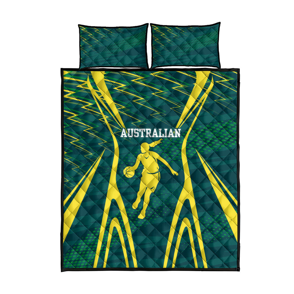 Australian Opals Basketball Quilt Bed Set Iconic Green And Gold Silhouette With Sharp Abstract Graphics