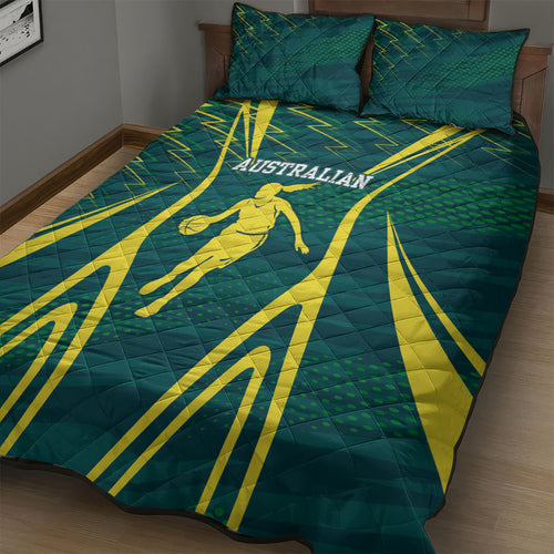 Australian Opals Basketball Quilt Bed Set Iconic Green And Gold Silhouette With Sharp Abstract Graphics