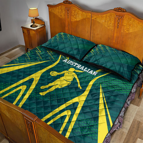 Australian Opals Basketball Quilt Bed Set Iconic Green And Gold Silhouette With Sharp Abstract Graphics