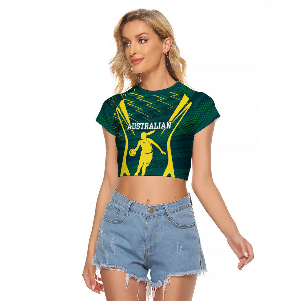 Australian Opals Basketball Raglan Cropped T Shirt Iconic Green And Gold Silhouette With Sharp Abstract Graphics