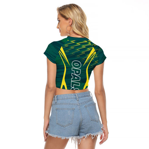 Australian Opals Basketball Raglan Cropped T Shirt Iconic Green And Gold Silhouette With Sharp Abstract Graphics