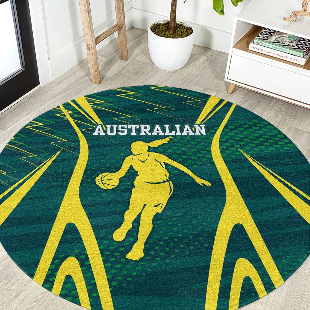 Australian Opals Basketball Round Carpet Iconic Green And Gold Silhouette With Sharp Abstract Graphics