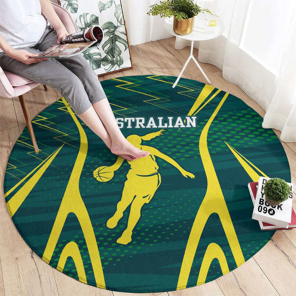 Australian Opals Basketball Round Carpet Iconic Green And Gold Silhouette With Sharp Abstract Graphics