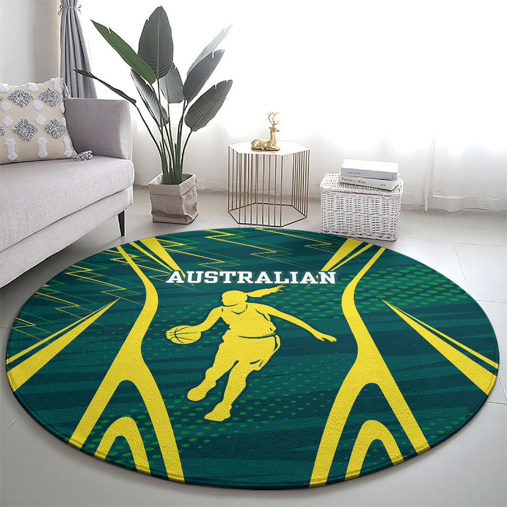 Australian Opals Basketball Round Carpet Iconic Green And Gold Silhouette With Sharp Abstract Graphics