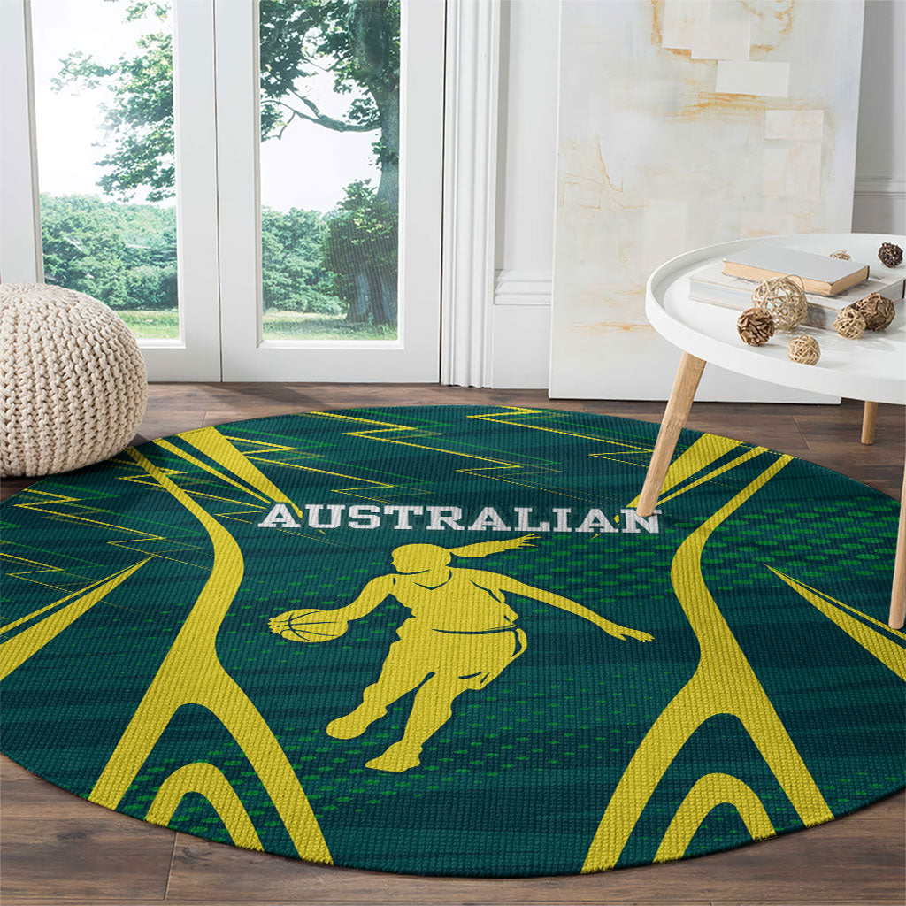 Australian Opals Basketball Round Carpet Iconic Green And Gold Silhouette With Sharp Abstract Graphics