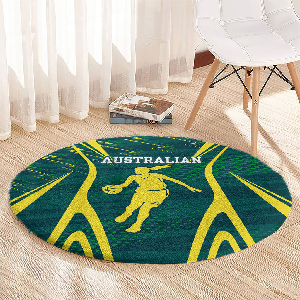 Australian Opals Basketball Round Carpet Iconic Green And Gold Silhouette With Sharp Abstract Graphics