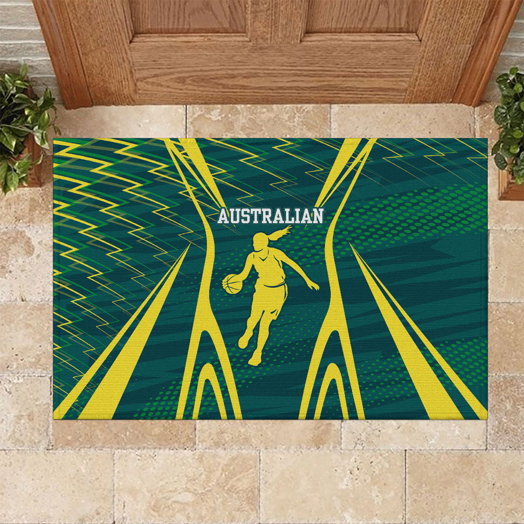 Australian Opals Basketball Rubber Doormat Iconic Green And Gold Silhouette With Sharp Abstract Graphics