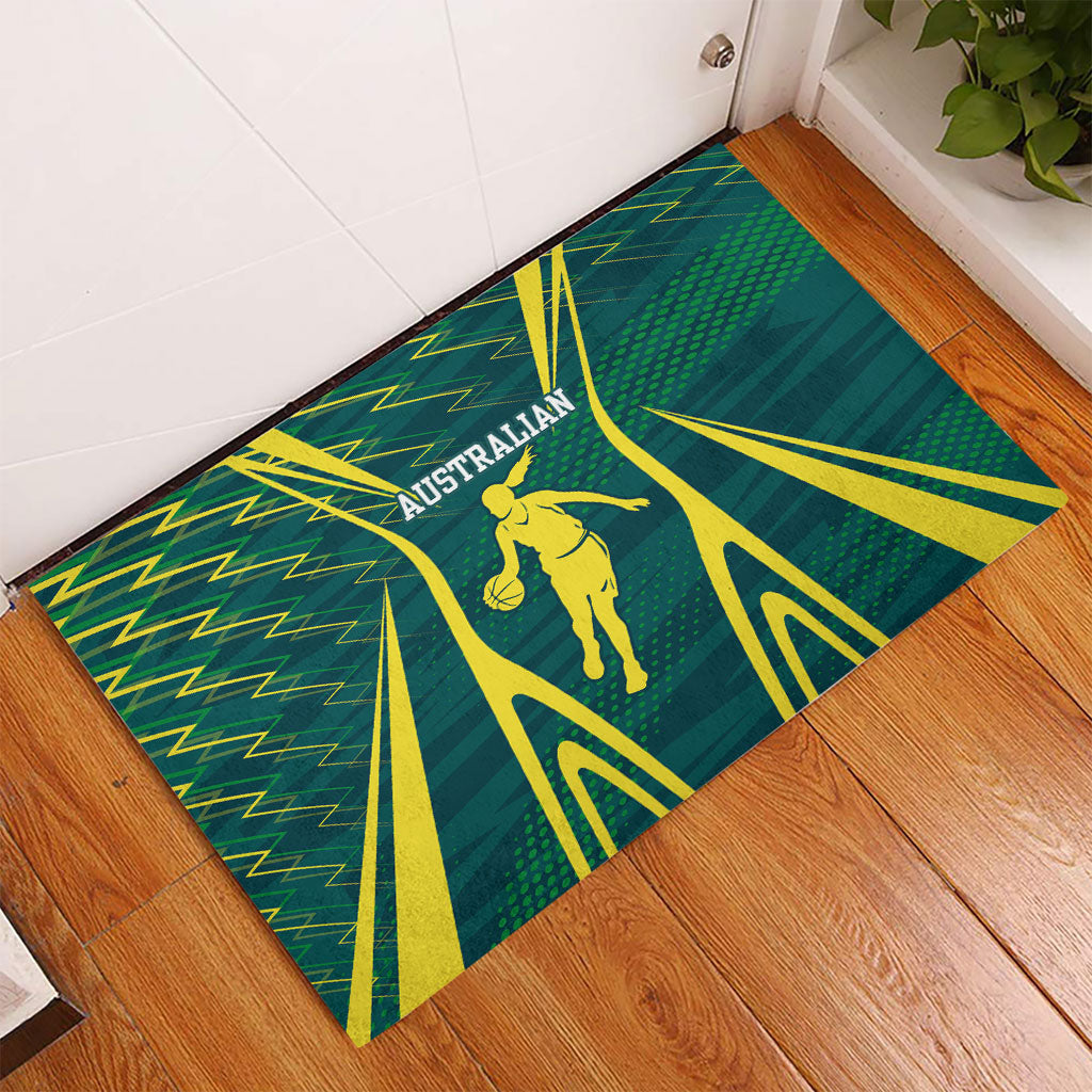Australian Opals Basketball Rubber Doormat Iconic Green And Gold Silhouette With Sharp Abstract Graphics