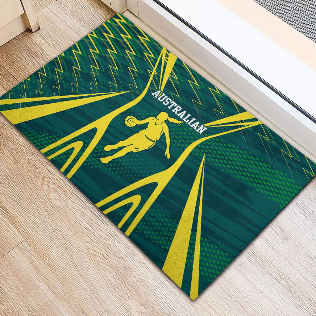 Australian Opals Basketball Rubber Doormat Iconic Green And Gold Silhouette With Sharp Abstract Graphics