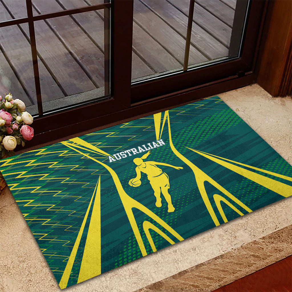 Australian Opals Basketball Rubber Doormat Iconic Green And Gold Silhouette With Sharp Abstract Graphics