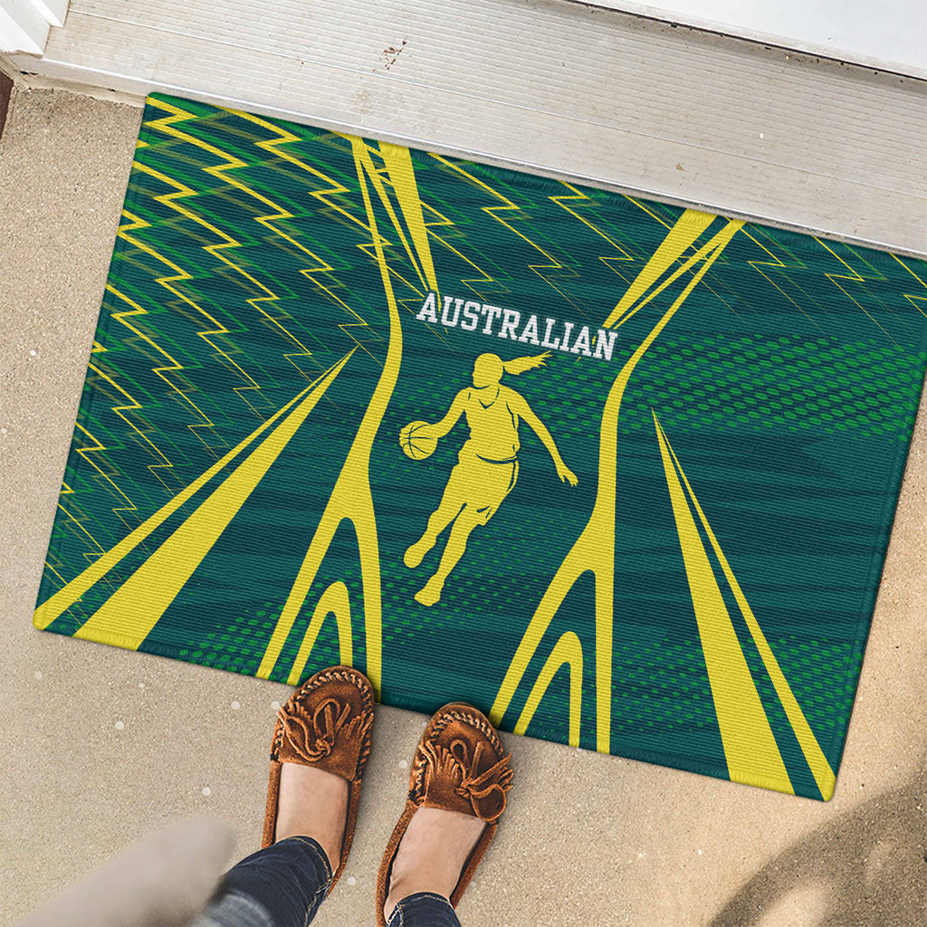 Australian Opals Basketball Rubber Doormat Iconic Green And Gold Silhouette With Sharp Abstract Graphics