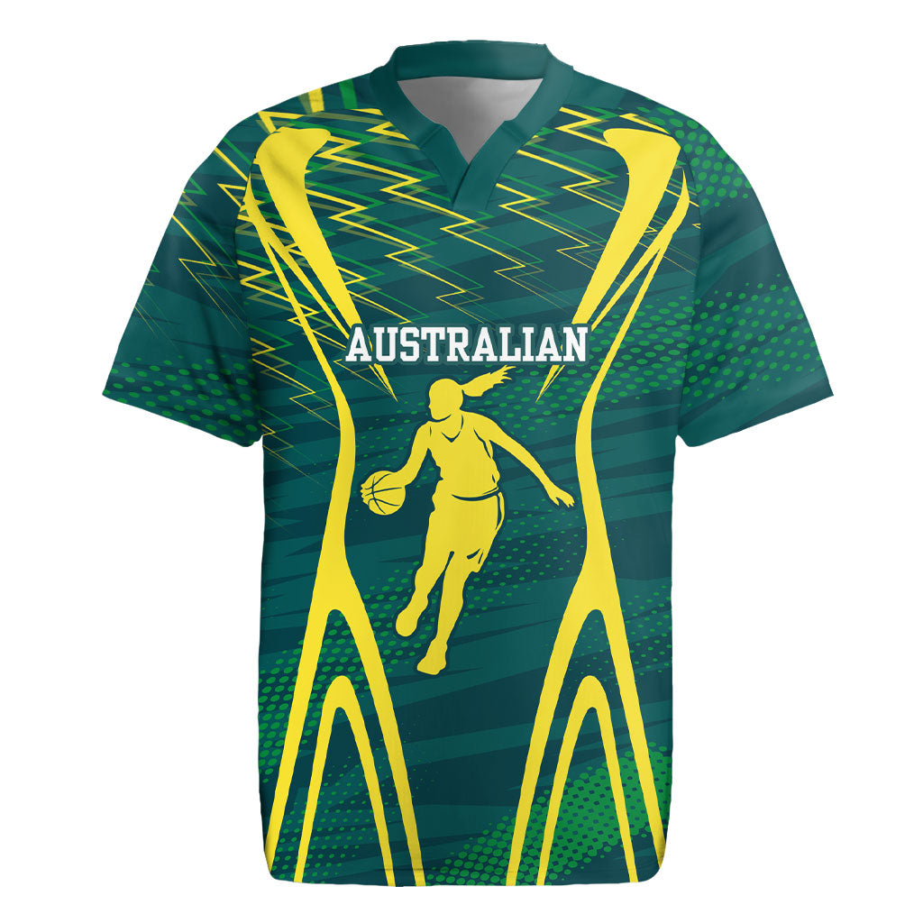 Australian Opals Basketball Rugby Jersey Iconic Green And Gold Silhouette With Sharp Abstract Graphics