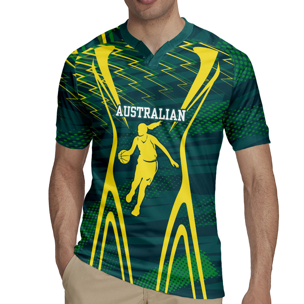 Australian Opals Basketball Rugby Jersey Iconic Green And Gold Silhouette With Sharp Abstract Graphics