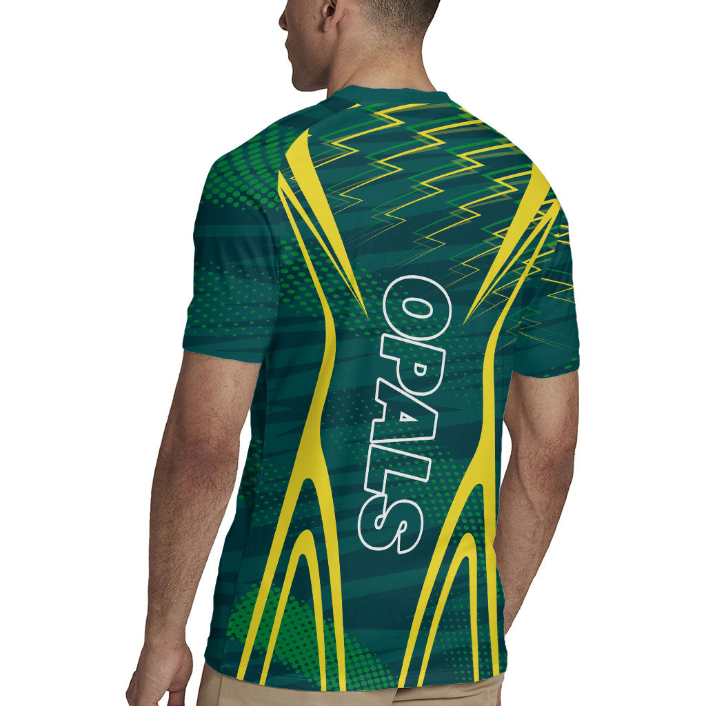 Australian Opals Basketball Rugby Jersey Iconic Green And Gold Silhouette With Sharp Abstract Graphics