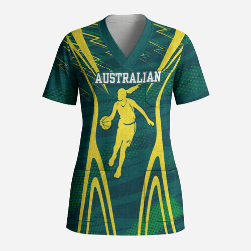 Australian Opals Basketball Scrub Top Iconic Green And Gold Silhouette With Sharp Abstract Graphics