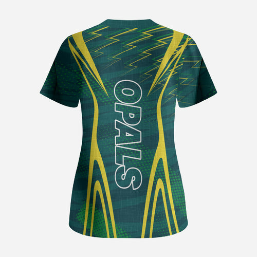 Australian Opals Basketball Scrub Top Iconic Green And Gold Silhouette With Sharp Abstract Graphics