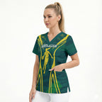 Australian Opals Basketball Scrub Top Iconic Green And Gold Silhouette With Sharp Abstract Graphics