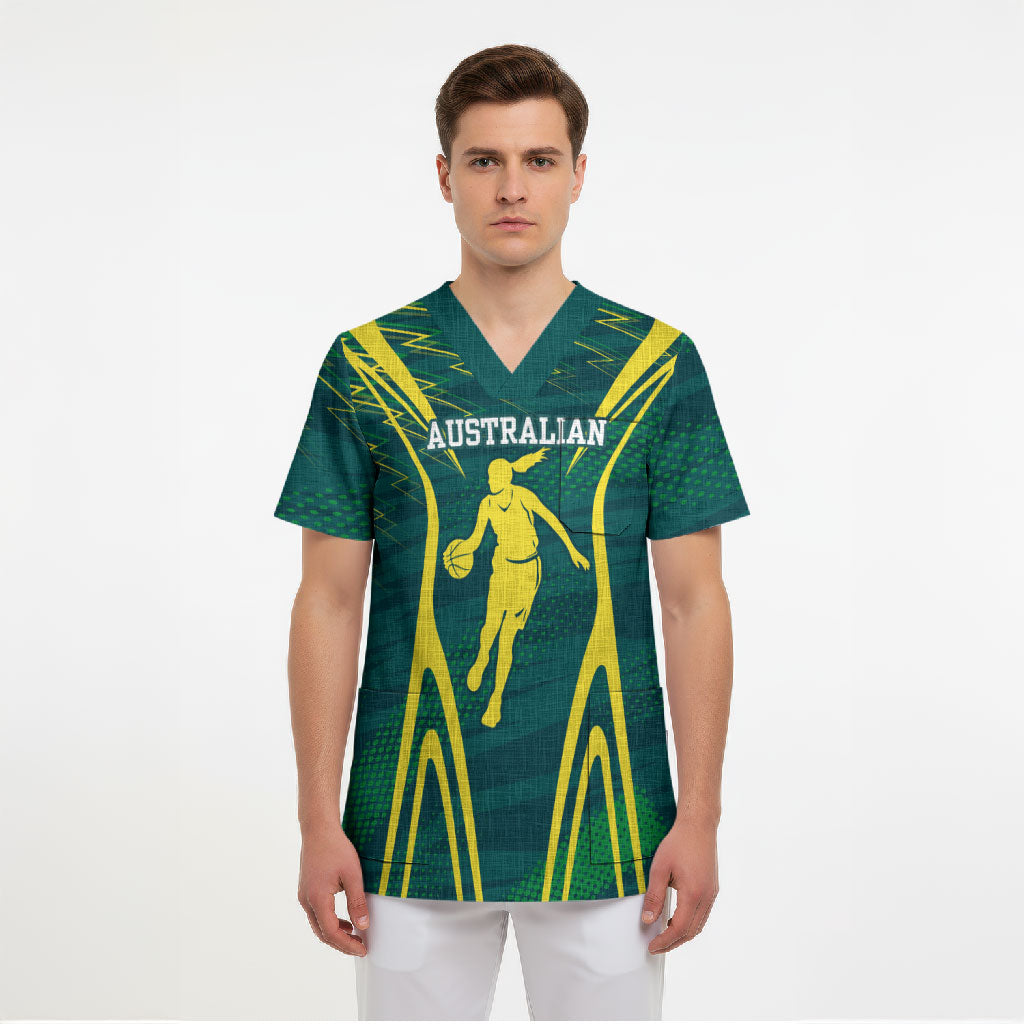 Australian Opals Basketball Scrub Top Iconic Green And Gold Silhouette With Sharp Abstract Graphics