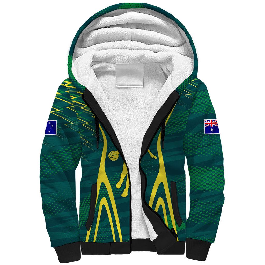 Australian Opals Basketball Sherpa Hoodie Iconic Green And Gold Silhouette With Sharp Abstract Graphics
